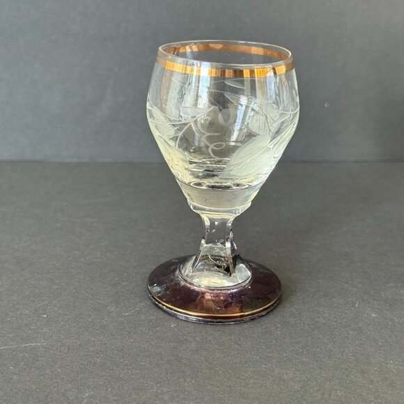 Vintage Gold Rim Etched Glass Cordial Goblets Set Of 4 With Iridescent Base - Picture 2 of 6